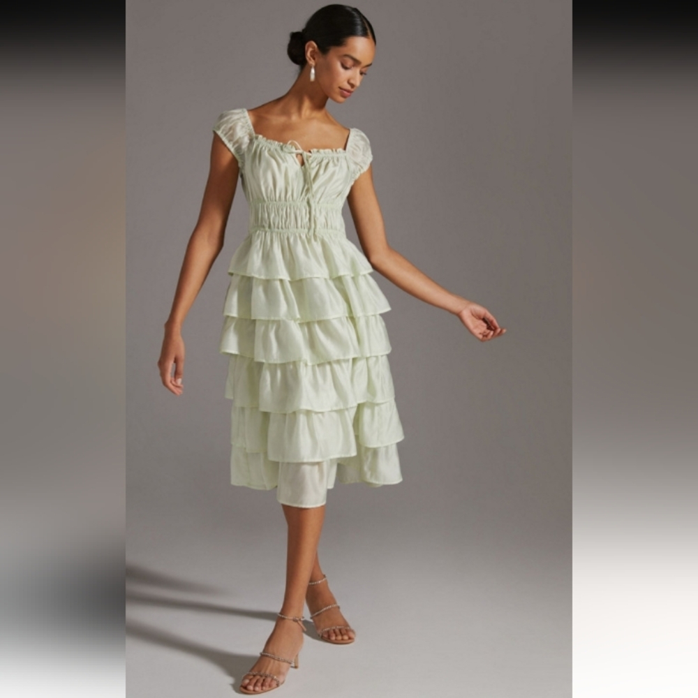 Anthropologie Current Air Ruffled Tiered Midi Dress Mint L - Picture 2 of 16
